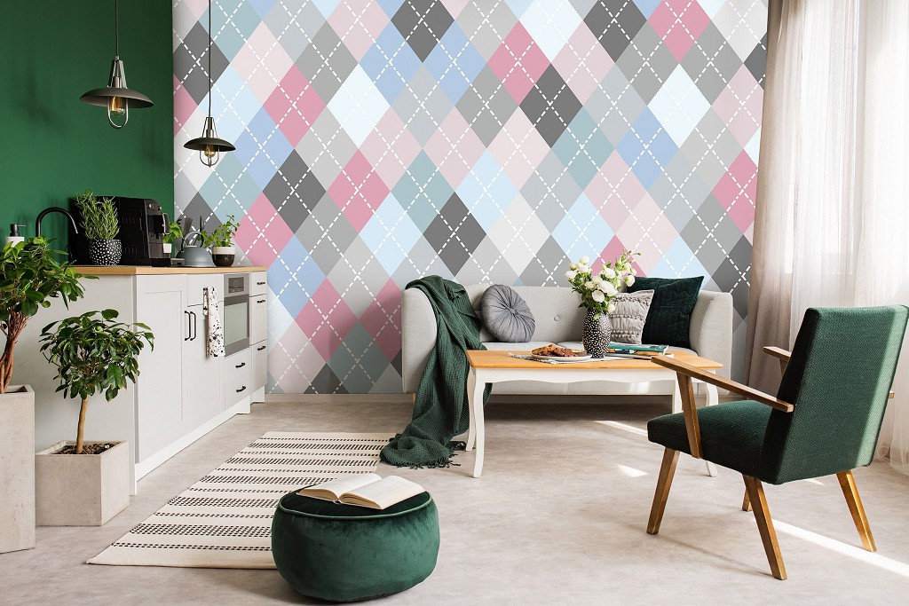 Флизелиновые фотообои геометрия в интерьере 312x219 см Ромбическая абстракция разных тонов (11285VEXXL) +клей