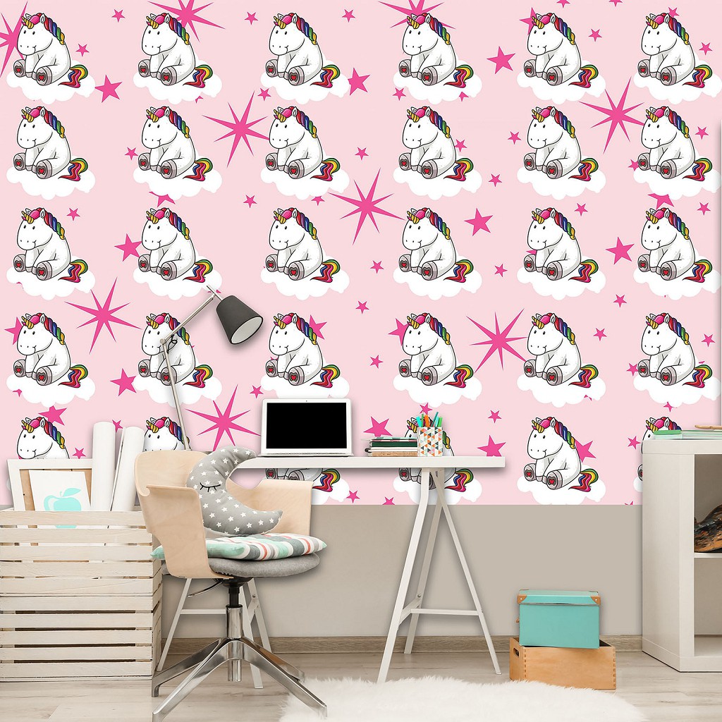 Флізелінові фотошпалери до спальні дитячі для маленьких 312x219 см Однороги на рожевий фон з яскравими зірочками (11333VEXXL) +клей