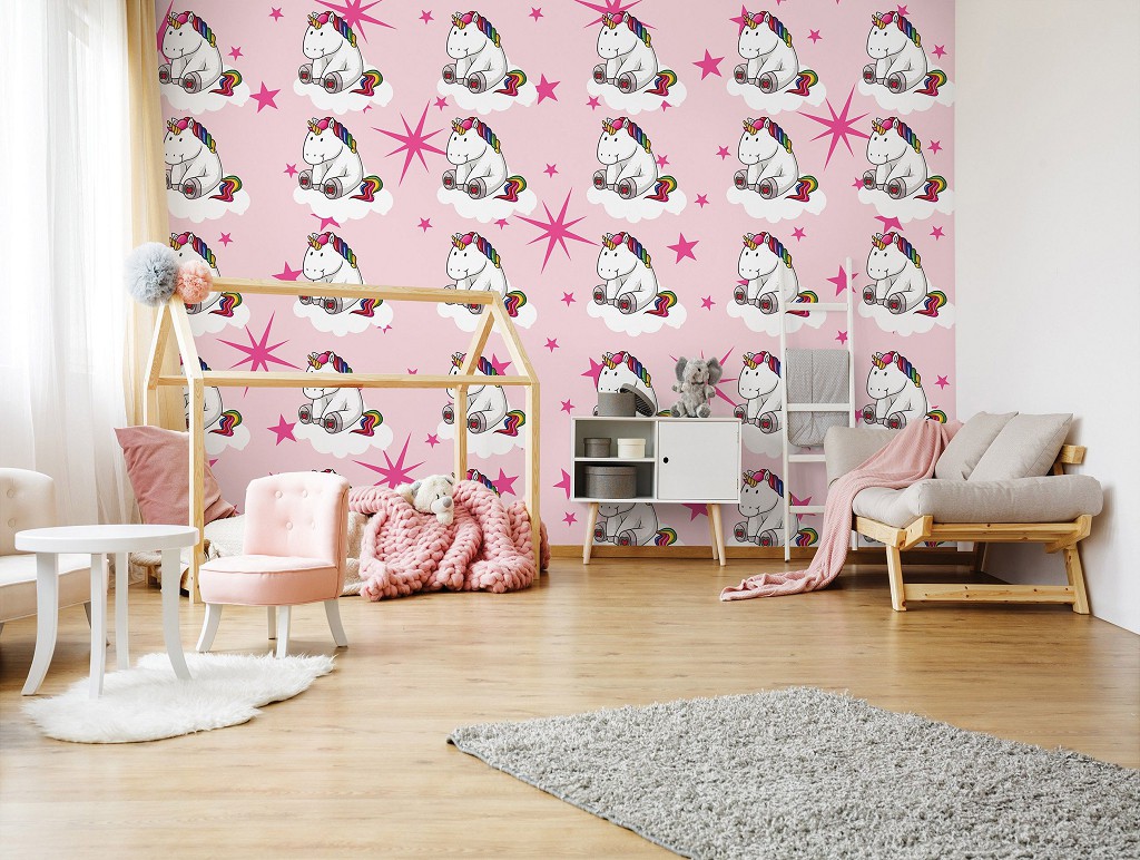Детские флизелиновые фотообои для стен 416x254 см Единороги на розовом фоне с яркими звездочками (11333VEXXXL) +клей