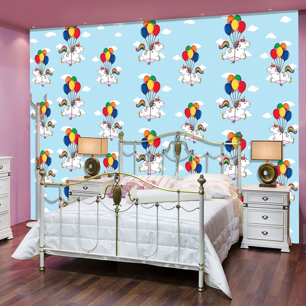 Флізелінові фотошпалери красиві дитячі 312x219 см Однороги з повітряними кульками на блакитному тлі (11334VEXXL) +клей