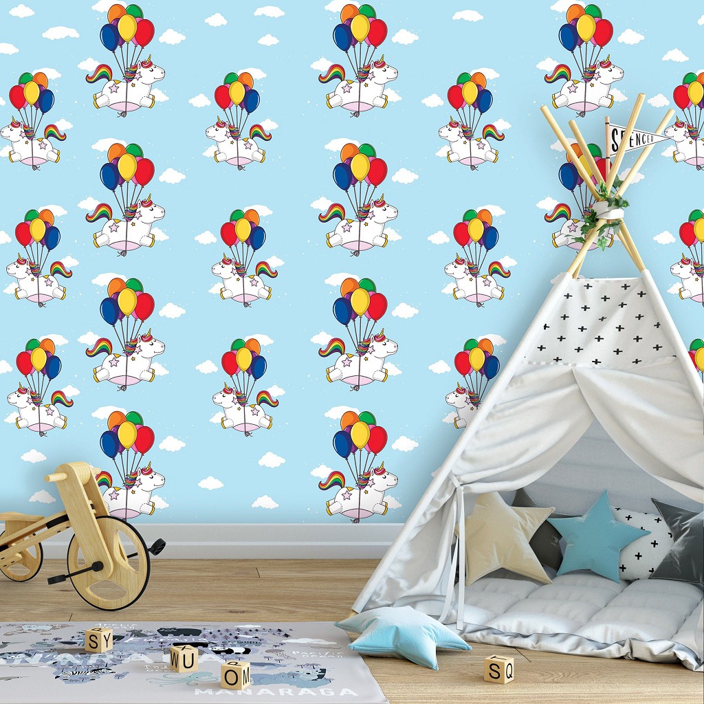 Флизелиновые фотообои детские 460x300 см Единороги с воздушными шариками на голубом фоне (11334V12) +клей