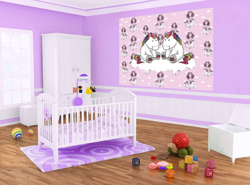 Флізелінові фотошпалери дитячі 520x318 см Два єдинороги на хмарі на рожевий фон (11335VEXXXXXL) +клей