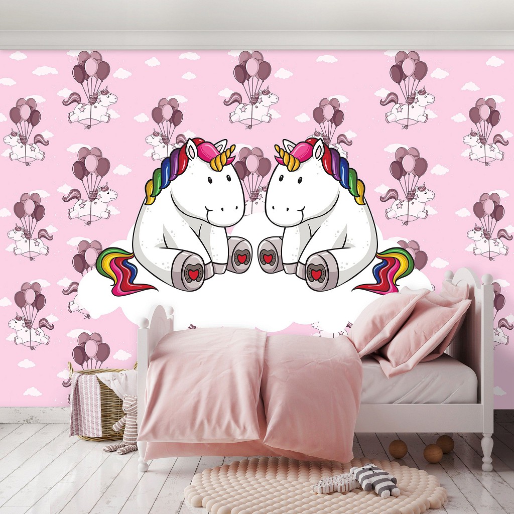 Дитячі флізелінові фотошпалери 312x219 см Два єдинороги на хмарі на рожевий фон (11335VEXXL) +клей