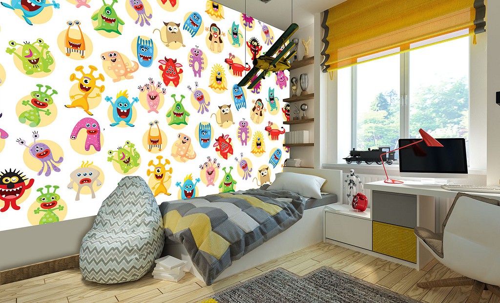 Яркие флизелиновые фотообои в детскую комнату космос 312x219 см Радостные монстрики на светлом фоне (11337VEXXL) +клей