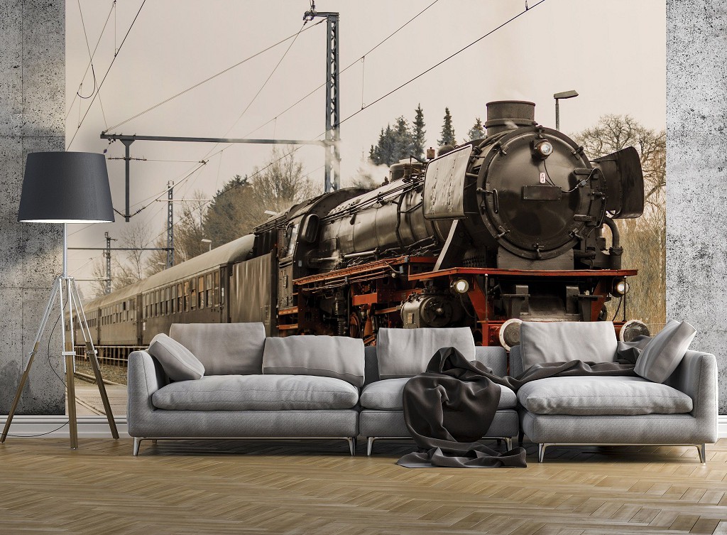3д потяг флізелінові фотошпалери 368x254 см Чорний паровоз у дорозі (11388V8) +клей