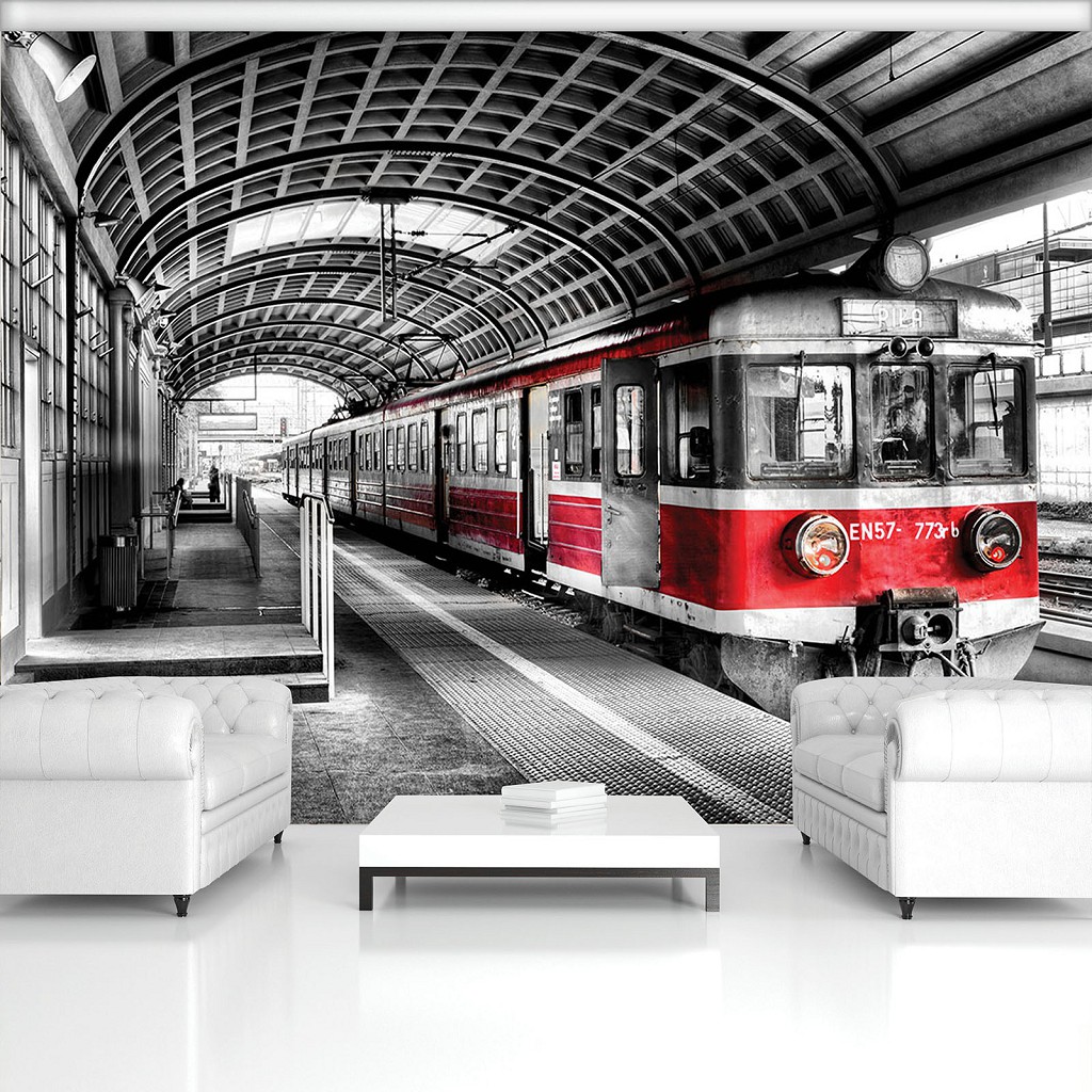 Флизелиновые 3д фотообои город 416x254 см Черно-красный поезд прибивает в депо (11392VEXXXL) +клей