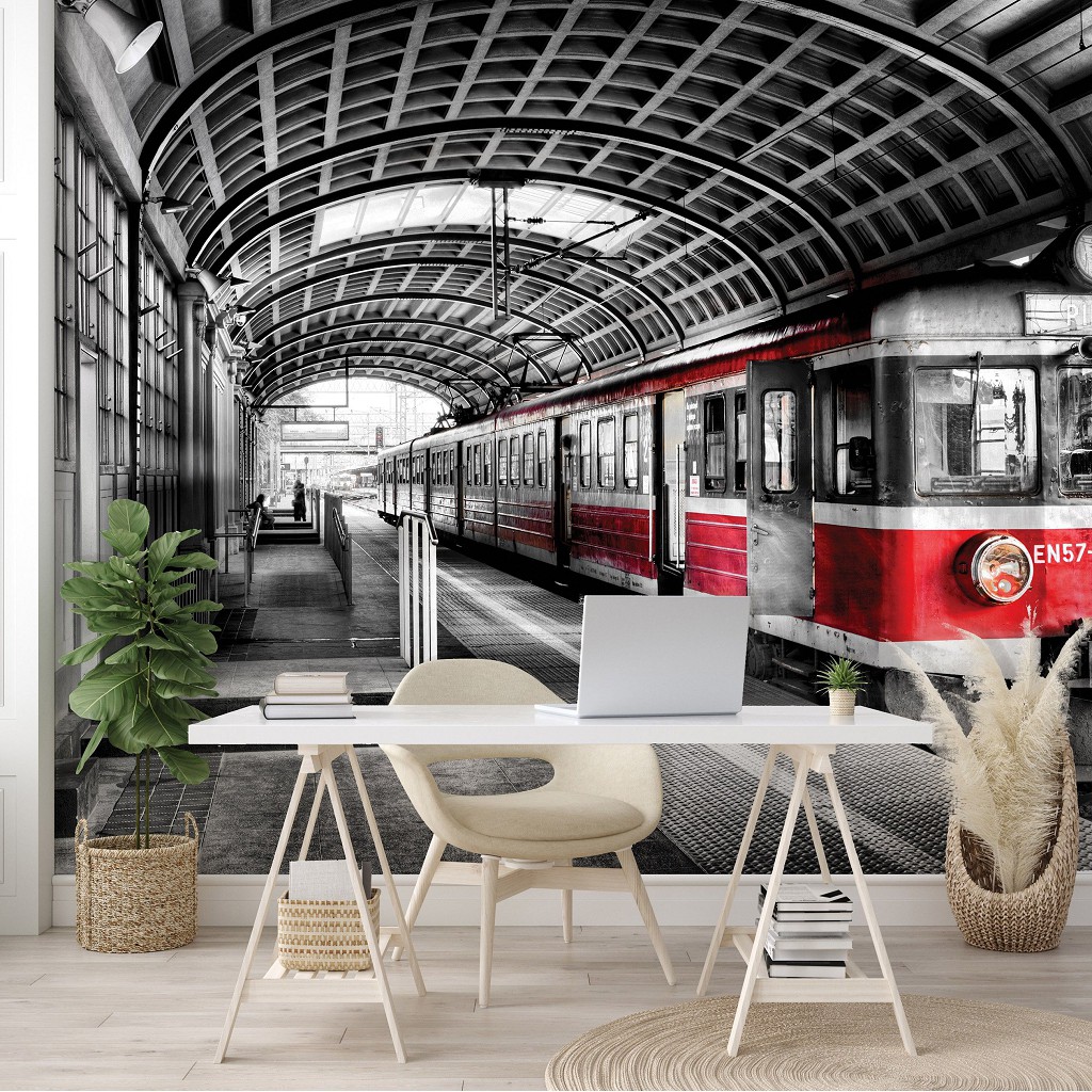 3 д флизелиновые фотообои город 312x219 см Черно-красный поезд прибивает в депо (11392VEXXL) +клей