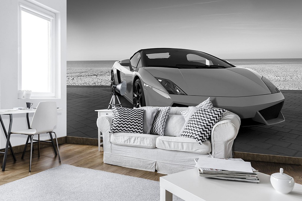 Красиві флізелінові 3д фотошпалери машини 520x318 см Чорно-біла Ламборджіні (11393VEXXXXXL) +клей