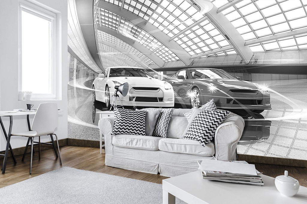 Флізелінові фотошпалери фото 3д машини 416x254 см Чорно-білі спорт-кари в гаражі (11394VEXXXL) +клей