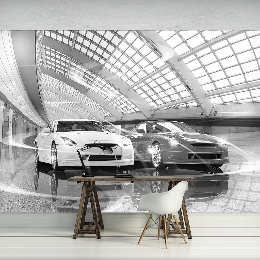 Флізелінові фотошпалери автомобілі 3д машини 416x290 см Чорно-білі спорт-кари в гаражі (11394VEXXXXL) +клей