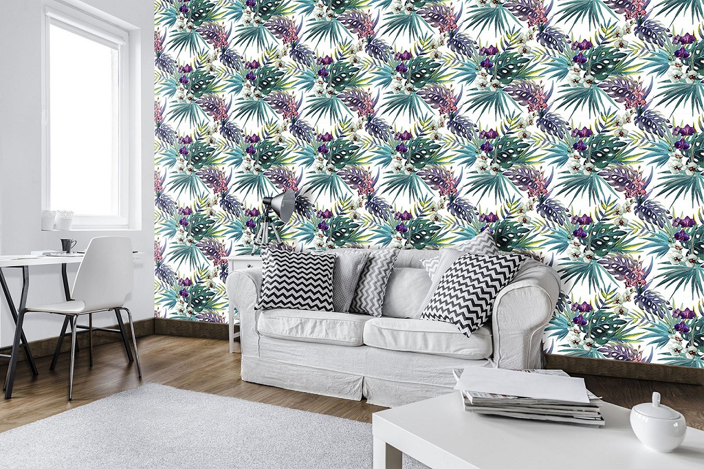 Абстракция флизелиновые фотообои на стену 368x280 см Зеленые листья и белые цветы на светлом фоне (11395V10) +клей