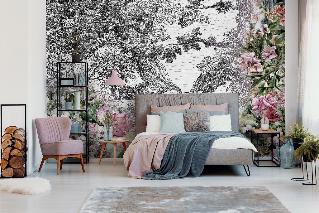 Флізелінові фотошпалери рослини 312x219 см Яскраві квіти на тлі чорно-білого лісу (11397VEXXL) +клей