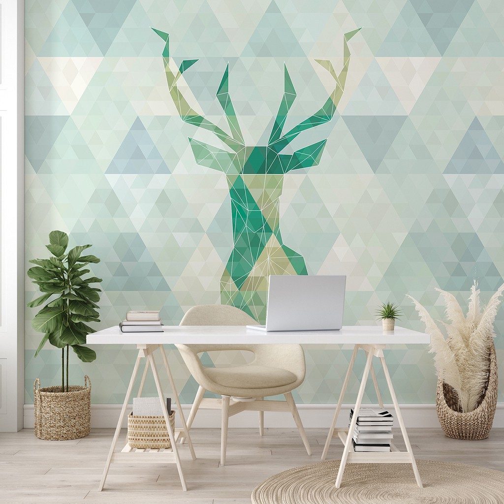 Флізелінові фотошпалери з геометрією 416x290 см Абстракція зелений олень на трикутники фону (11400VEXXXXL) +клей