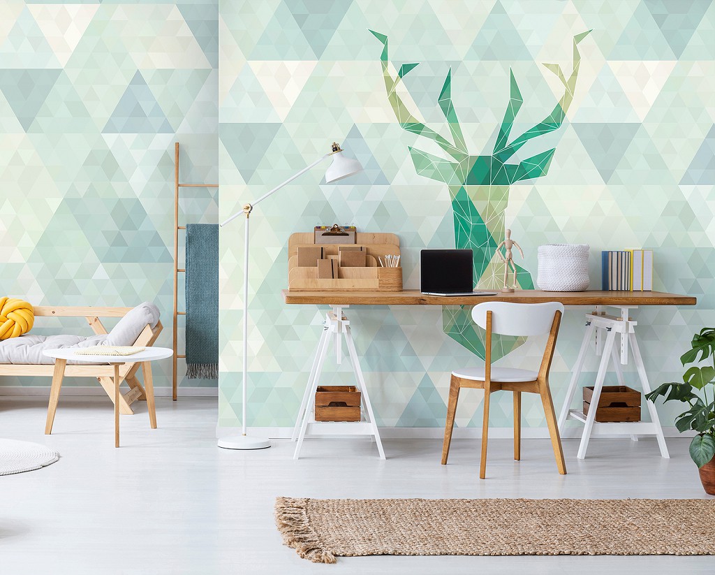 Популярні флізелінові фотошпалери 416x254 см Абстракція зелений олень на трикутники фону (11400VEXXXL) +клей