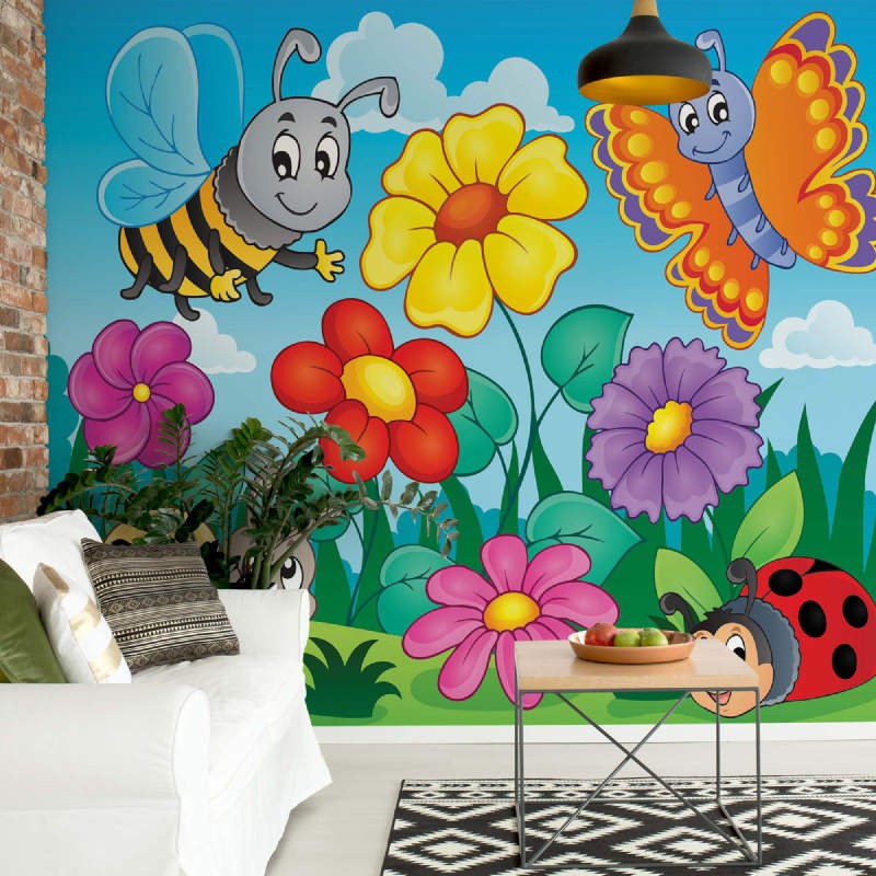 Флизелиновые детские фотообои 416x290 см Жучки и бабочки возле ярких цветов (11413VEXXXXL) +клей