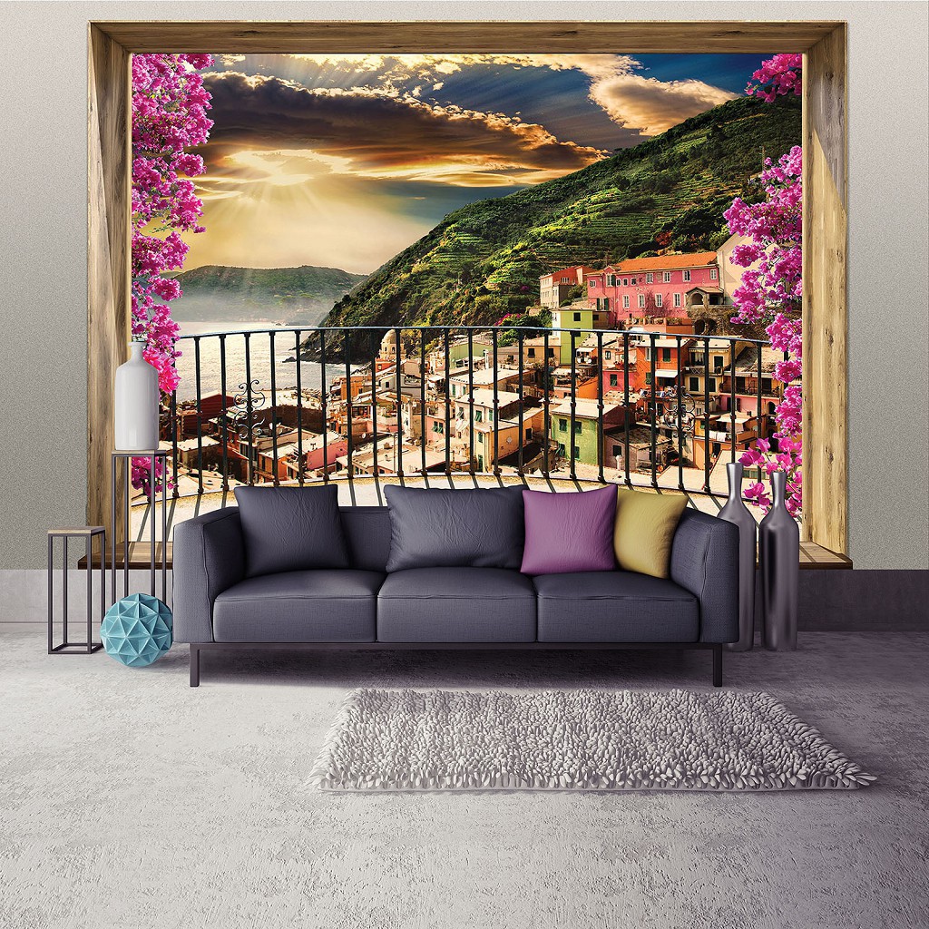 3д флизелиновые фотообои природа город 416x254 см Горный пейзаж с цветочного балкона (11464VEXXXL) +клей