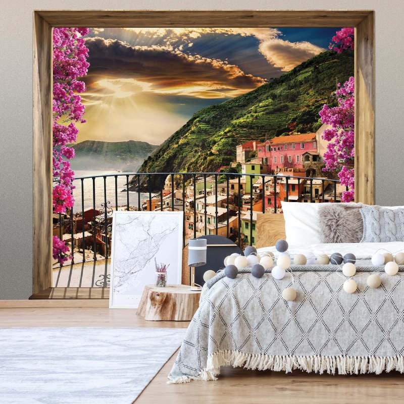 Лето природа город флизелиновые 3д фотообои 312x219 см Горный пейзаж с цветочного балкона (11464VEXXL) +клей