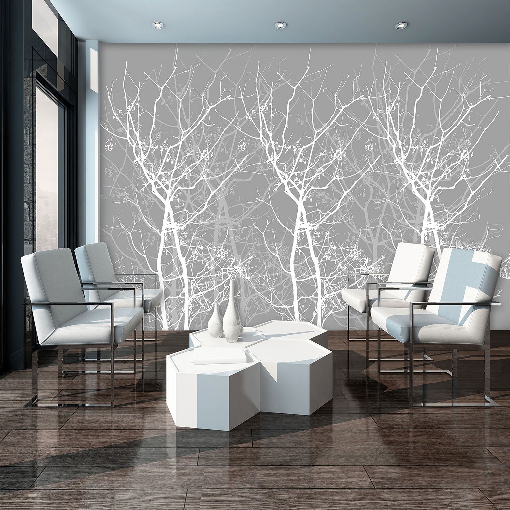 Флизелиновые фотообои на стену 460x300 см Белые деревья на сером фоне (11467V12) +клей