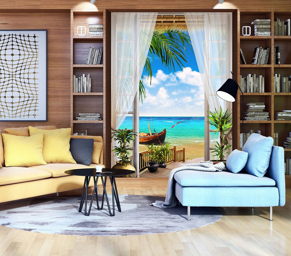 Флізелінові фото шпалери літо море 3D 184x254 см Вигляд з вікна на пляж (11509V4A)+клей