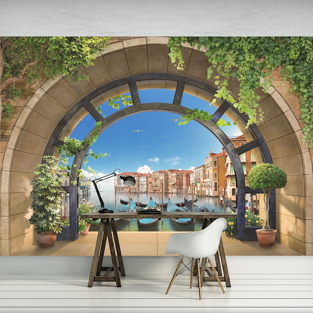 Флизелиновые фотообои город в интерьере кухни 254x184 см 3D Вид на Венецию (11511V4)+клей