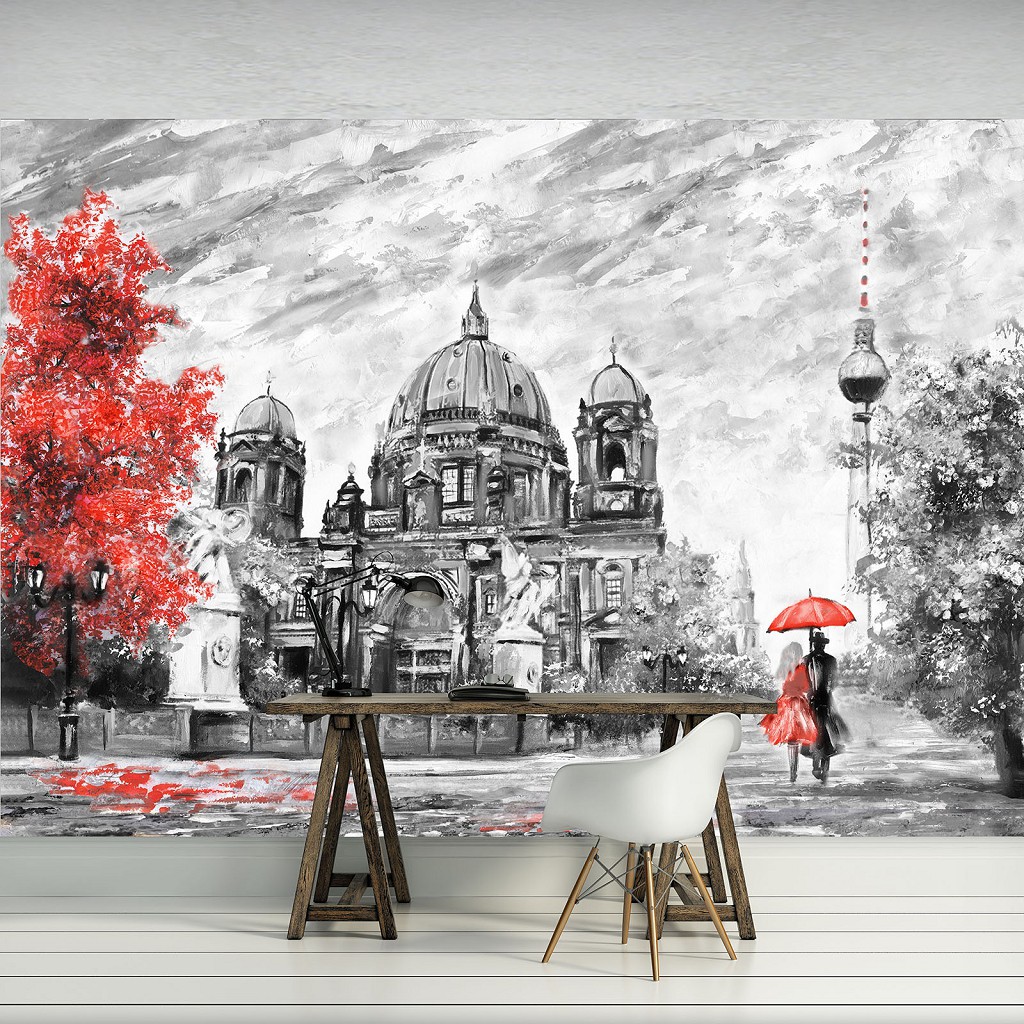 Флизелиновые фотообои город в интерьере фото 416x254 см Черно-белый Берлин на картине (11513VEXXXL) +клей