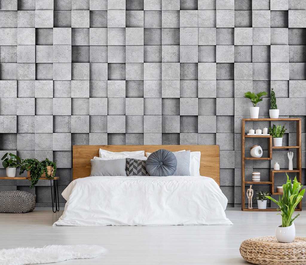 Флізелінові фото шпалери під камінь на кухні 254x184 см 3Д стіна з квадратиків (11514V4)+клей