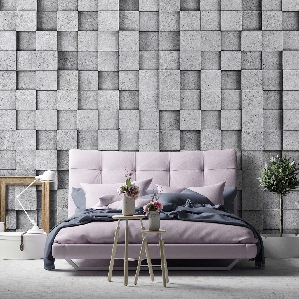 Флизелиновые фотообои 3д в интерьере 416x254 см Каменная стена из квадратиков (11514VEXXXL) +клей