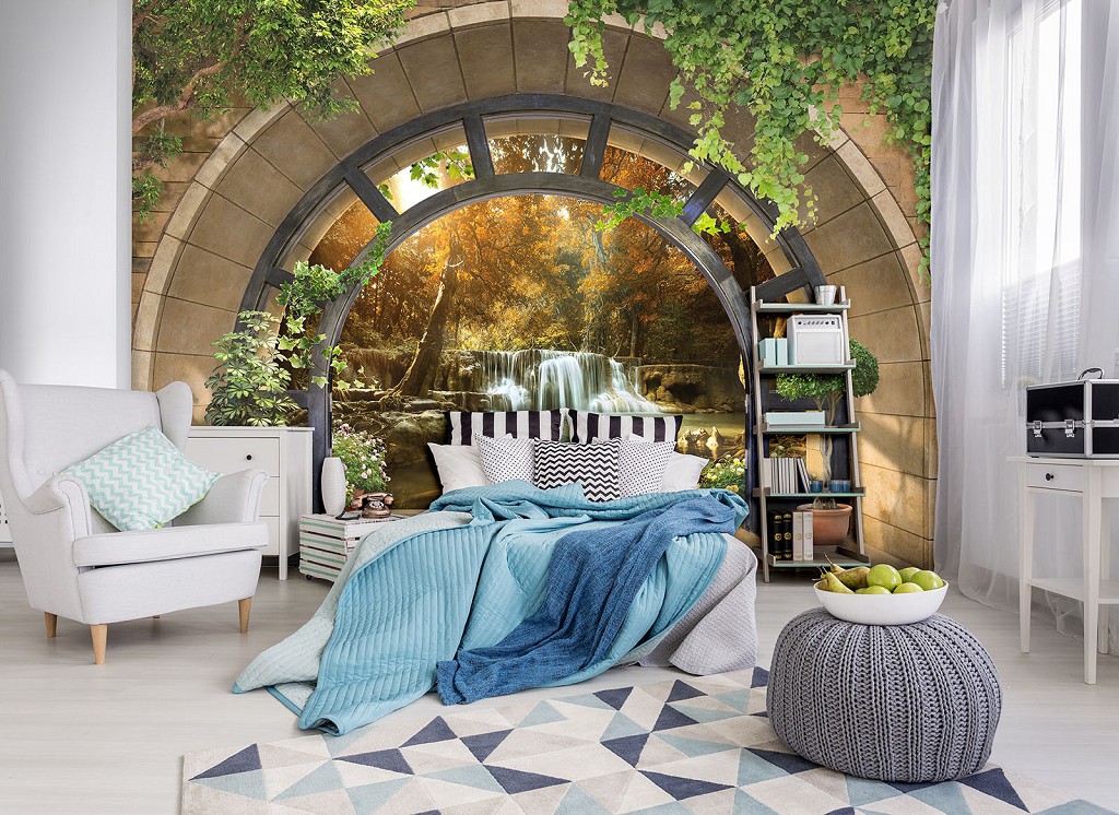 Флизелиновые фотообои 3д природа пейзаж 460x300 см Вид на осенний водопад (11553V12) +клей