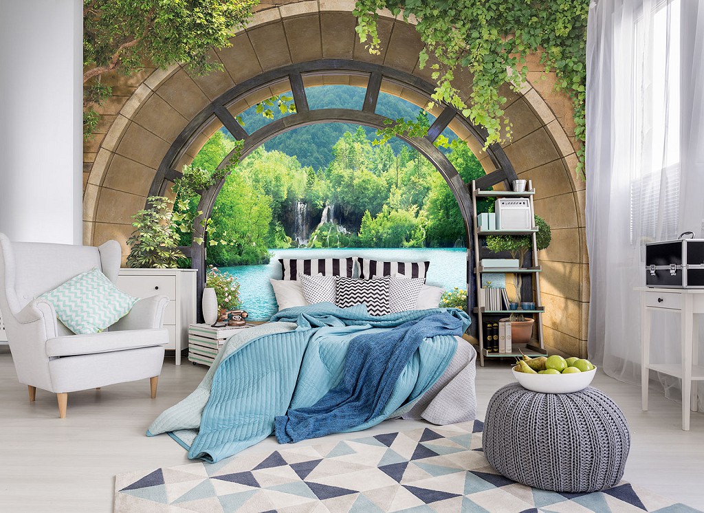 Флізелінові фотошпалери 3д природа 312x219 см Озеро і ліс за аркою (11555VEXXL)+клей