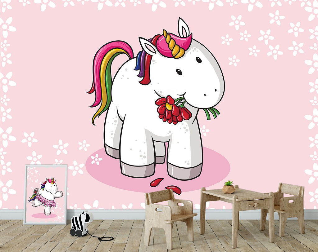Детские для девочек флизелиновые фотообои 460x300 см Милый единорожек на розовом фоне (11584V12) +клей