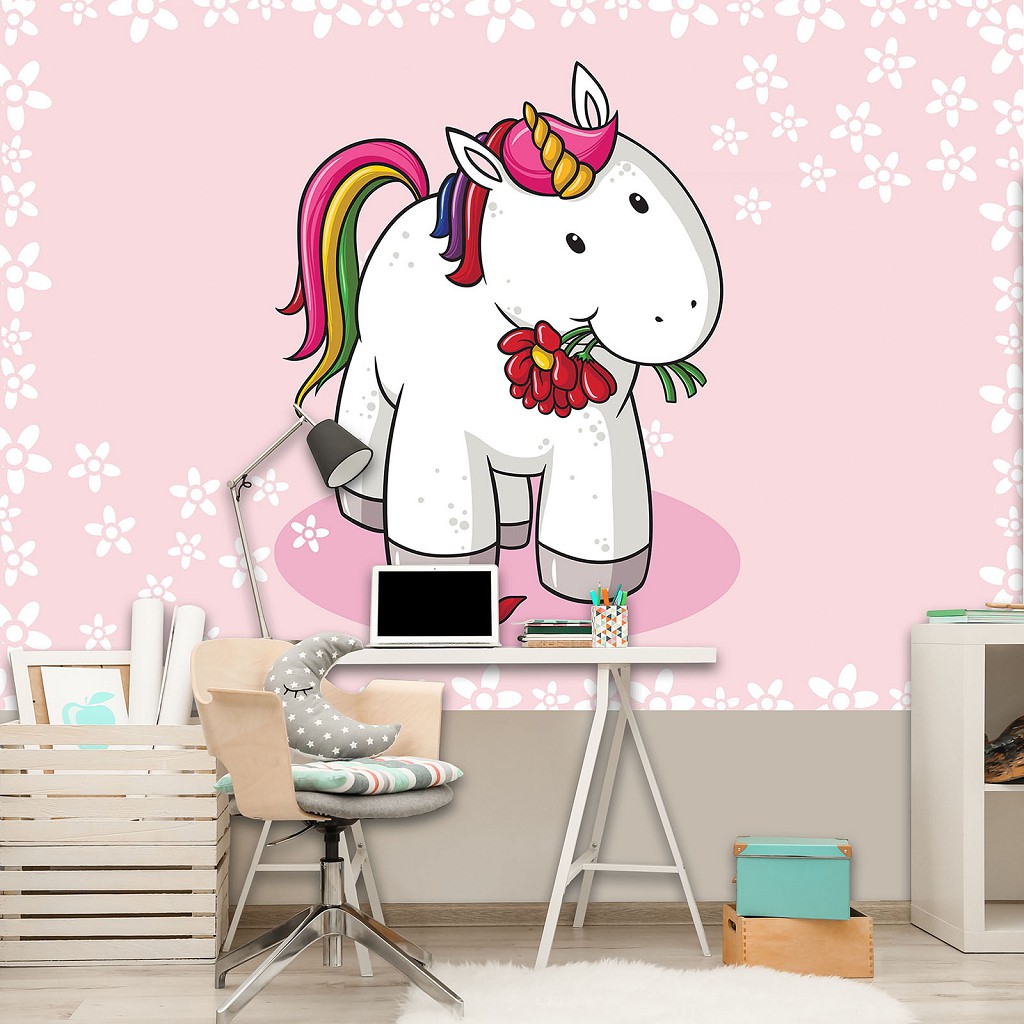 Детские для девочек флизелиновые фотообои 416x290 см Милый единорожек на розовом фоне (11584VEXXXXL) +клей