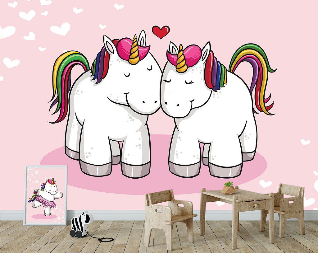 Детские для девочек флизелиновые фотообои 368x254 см Два единорога влюблены (11585V8) +клей
