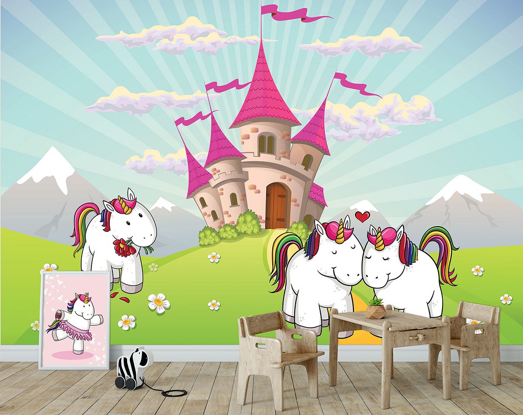 Флізелінові фотошпалери дитячі для маленьких дівчаток 312x219 см Милі єдинороги на фоні замку (11606VEXXL) +клей
