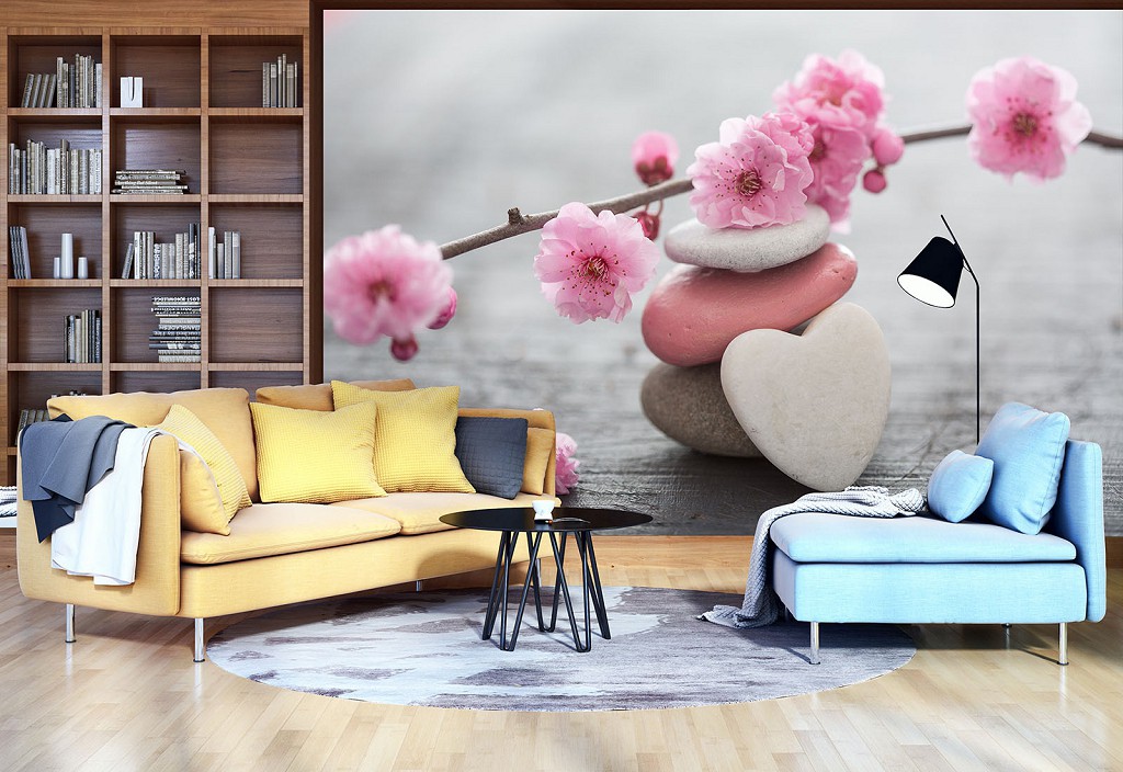 Флизелиновые 3д фотообои 416x254 см Ветка японской вишни на камнях (11620VEXXXL) +клей