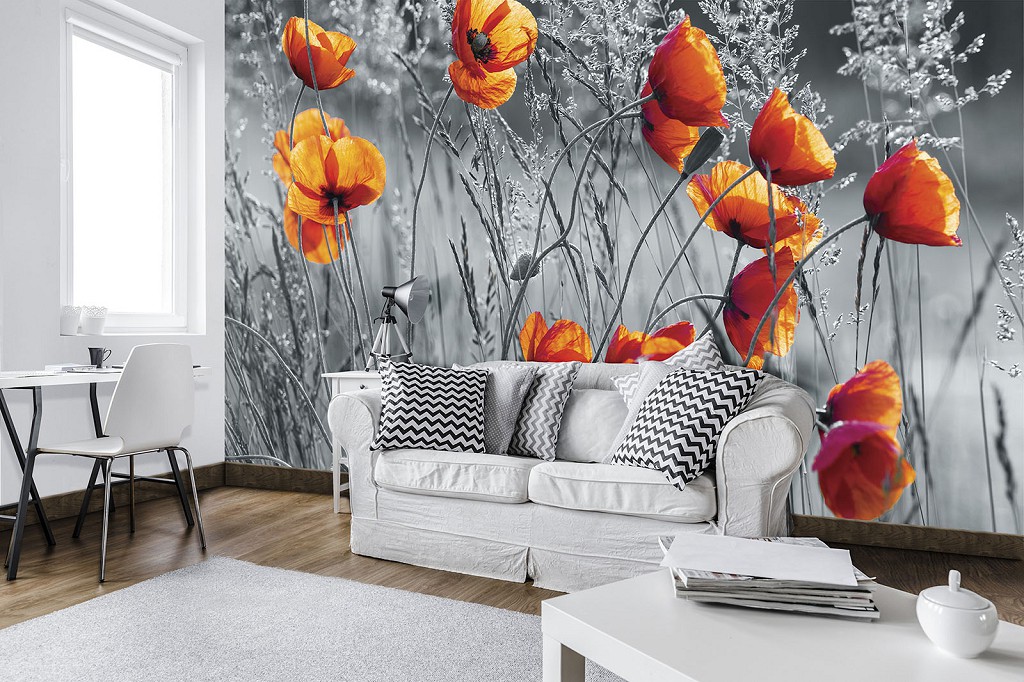Флизелиновые фотообои цветы 368x254 см Серое поле и красные маки (11746V8)+клей