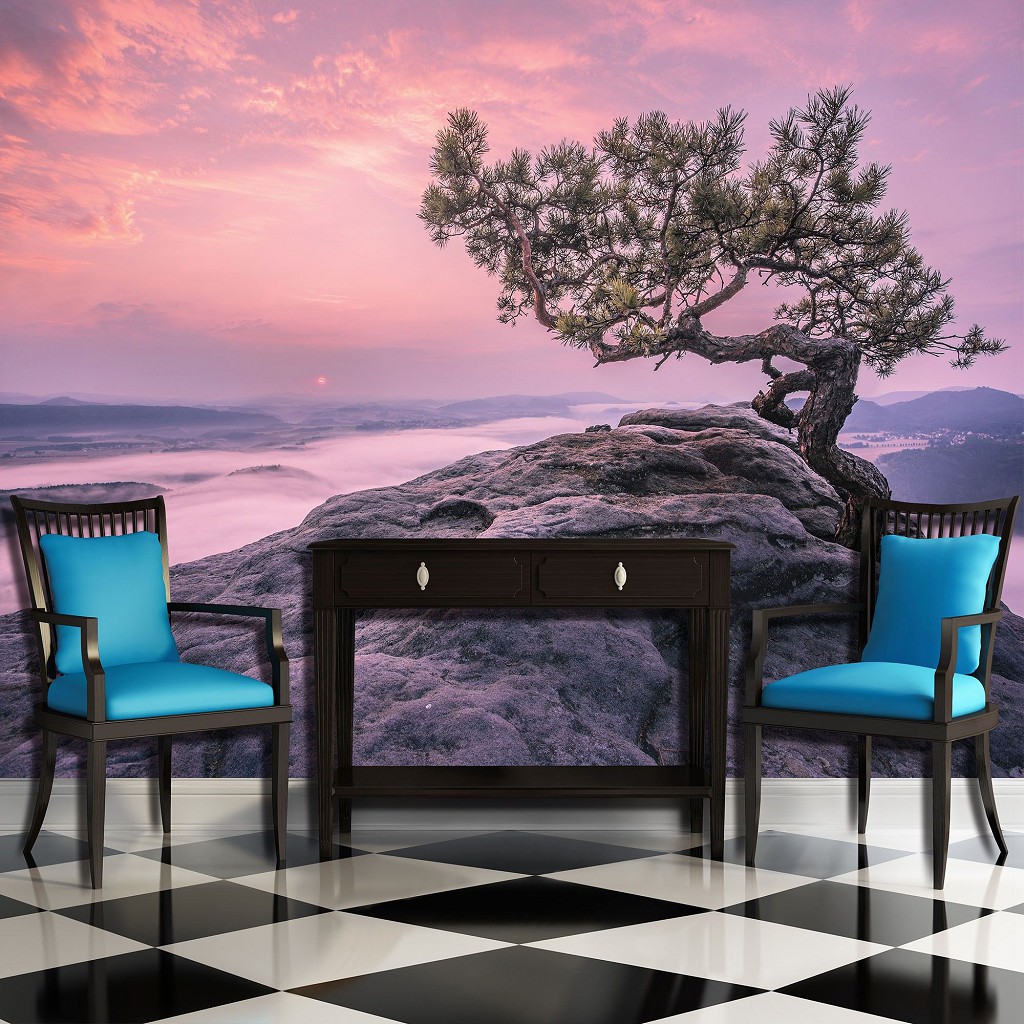 Флізелінові фотошпалери природа 3д краєвид 416x254 см Дерево на скелі на заході сонця (11749VEXXXL) +клей