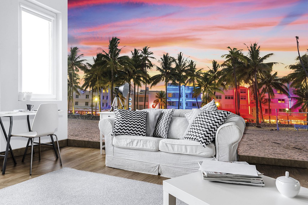 Фіолетовий захід сонця флізелінові фотошпалери 416x290 см Яскравий пейзаж пляжу з пальмами (11756VEXXXXL) +клей