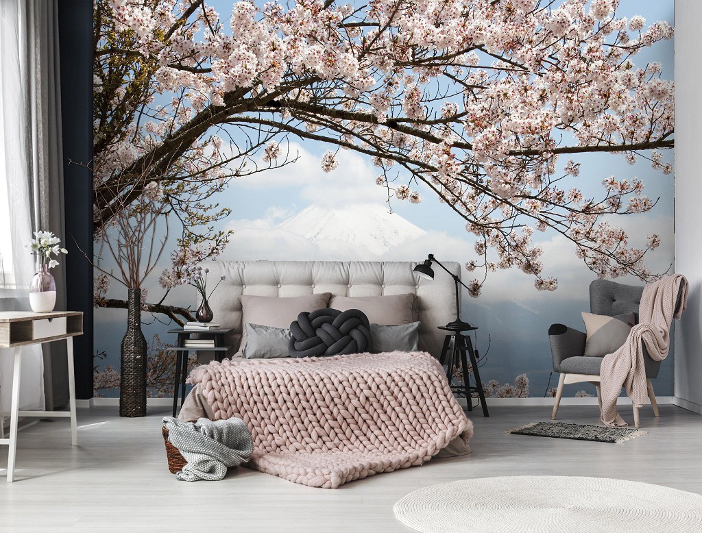 Флізелінові фотошпалери в інтер'єрі природа квіти 460x300 см Сакура гілки в горах на фоні неба (11800V12) +клей