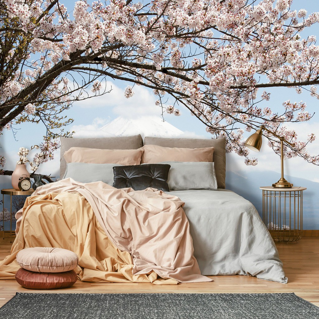 Флизелиновые фотообои природа цветы 416x254 см Ветки сакуры в горах на фоне неба (11800VEXXXL) +клей