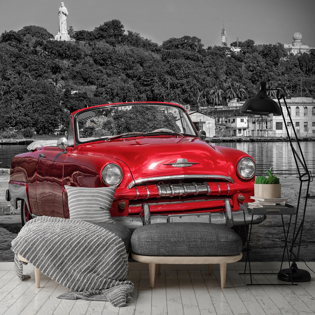 Черно-белые флизелиновые фотообои город 416x254 см 3d Старая красная машина (11859VEXXXL) +клей