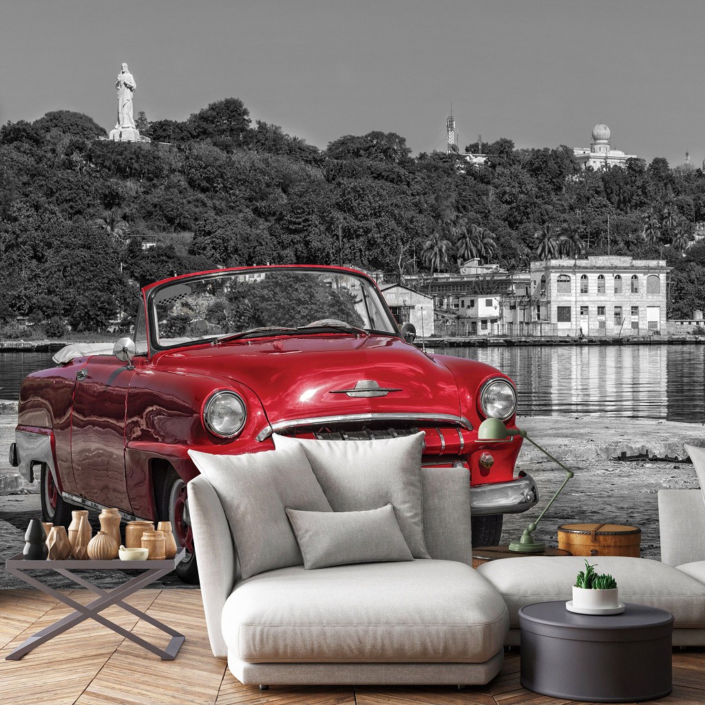 Черно-белые флизелиновые фотообои город 416x290 см 3d Старая красная машина (11859VEXXXXL) +клей