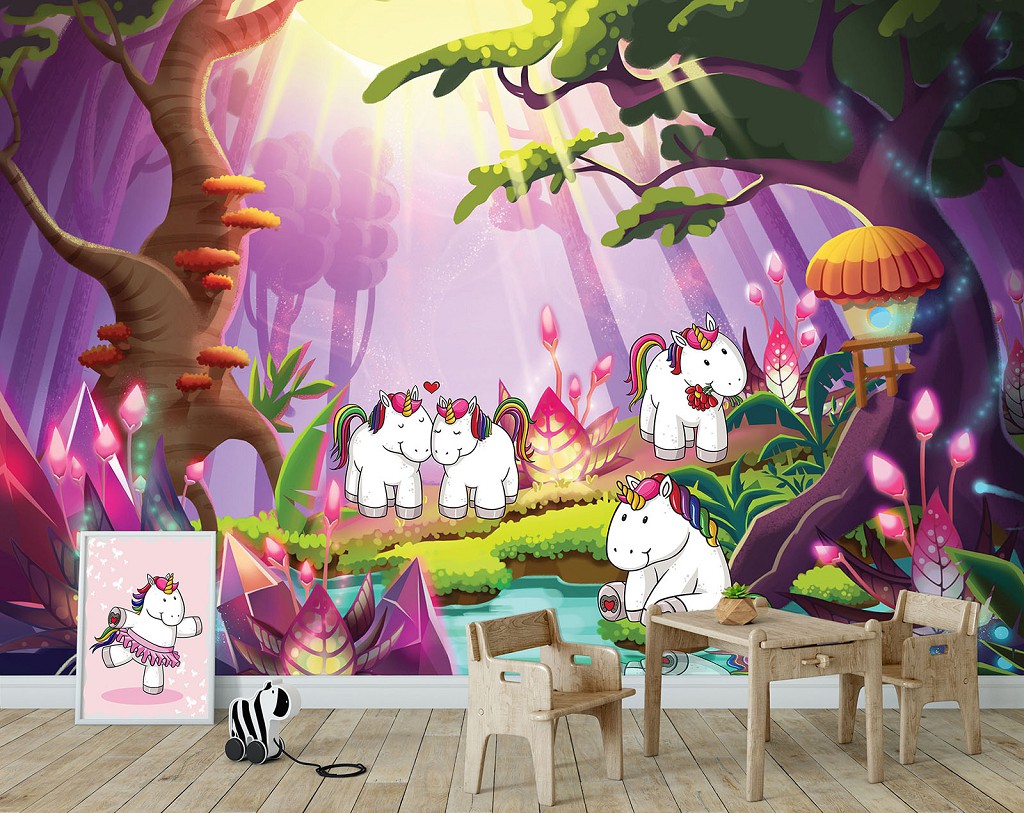 Флизелиновые фотообои на стену детские для девочек 416x290 см Единороги в сказочном лесу (11881VEXXXXL) +клей