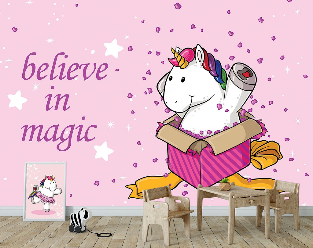 Флизелиновые розовые фотообои детские для девочек 368x280 см Единорог поверь в магию (11882V10) +клей