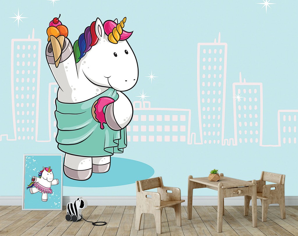 Флизелиновые фотообои в детской 312x219 см Единорог на голубом фоне (11884VEXXL) +клей