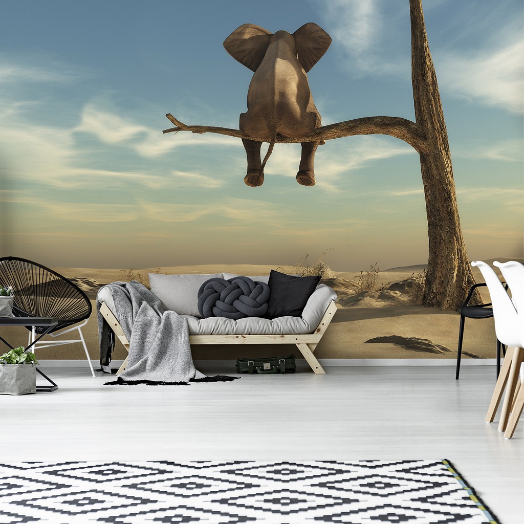 Флизелиновые 3D фото обои на стену животные 368х254 см Слон на дереве (11898V8)+клей