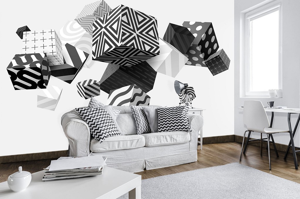 Флізелінові фотошпалери до спальні 368x280 см Геометрія 3D Чорно-білі кубики у невагомості (11906V10) +клей