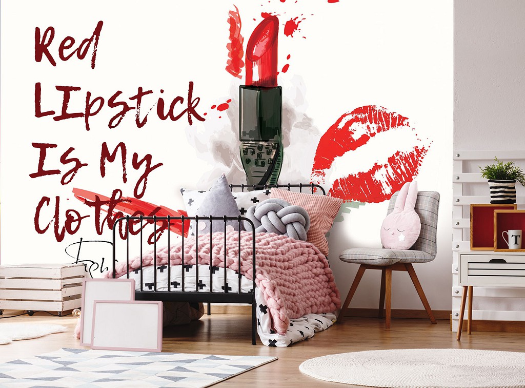 Флізелінові фотошпалери в інтер'єрі для дівчат 416x254 см Червона помада на білому тлі (11930VEXXXL) +клей