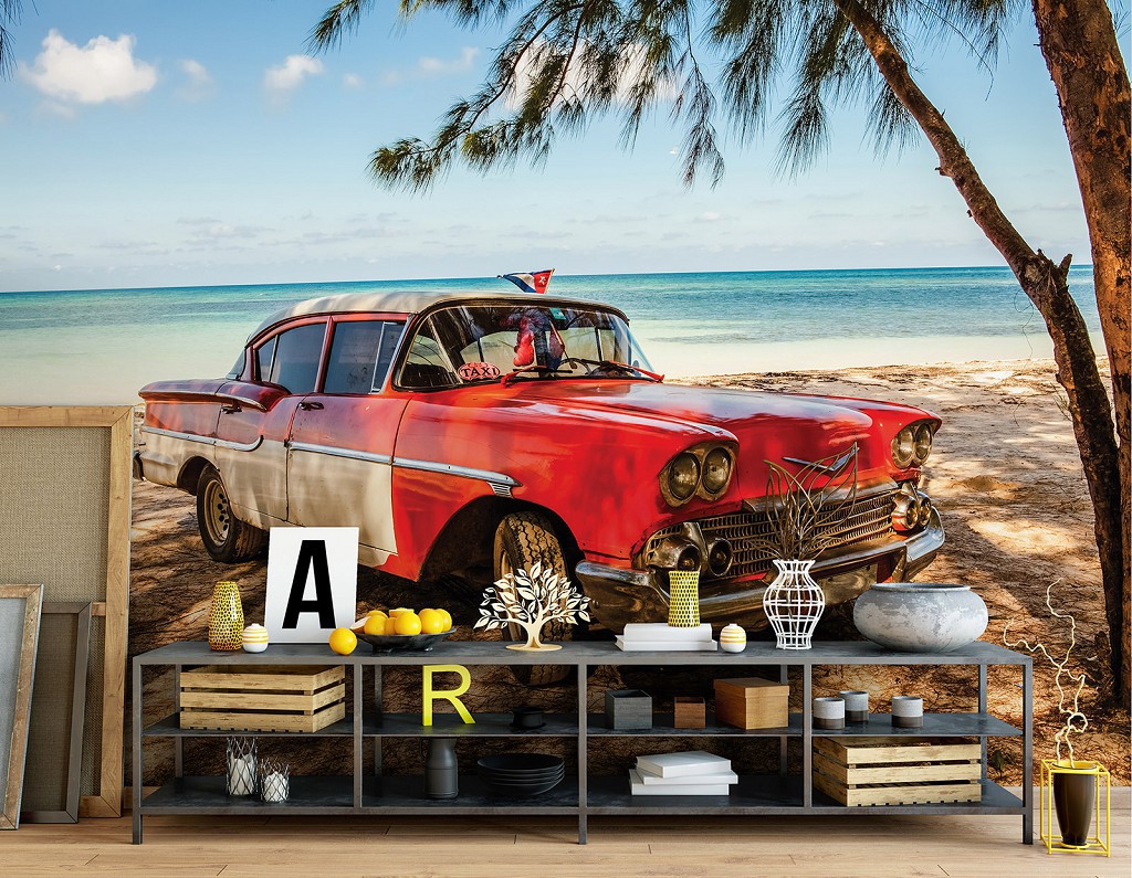 Флізелінові 3д фотошпалери морська тематика 312x219 см Старі червоні машини на пляжі (11981VEXXL) +клей