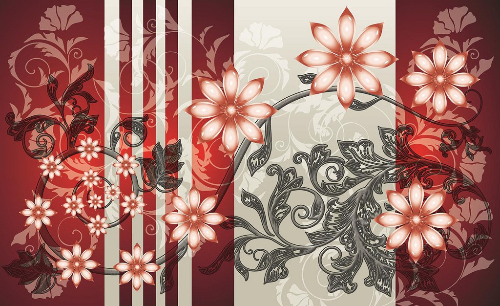 Флізелінові фотошпалери до спальні 368x254 см Червоні квіти на вензелях (1202V8)+клей