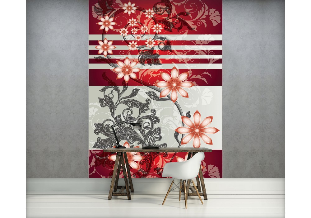 Модные флизелиновые фотообои в зал 184x254 см Красные цветы на вензелях (1202V4A)+клей